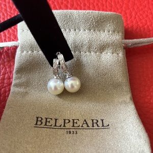 BELPEARL 14K WHITE Gold, 9MM White Freshwater Pearl & Diamond Earrings used